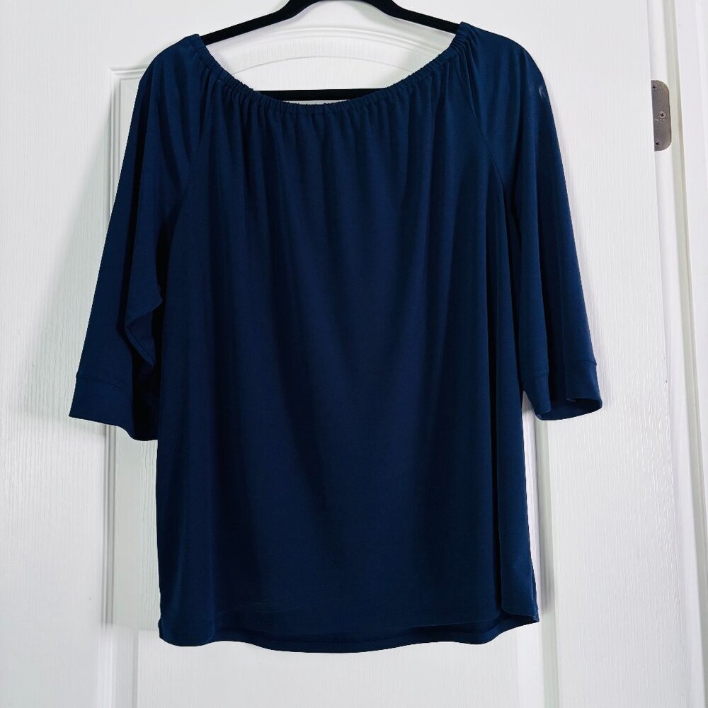 Chico’s Navy Blue 3/4 Sleeve Boat Neck Blouse Stretch Career Casual Top